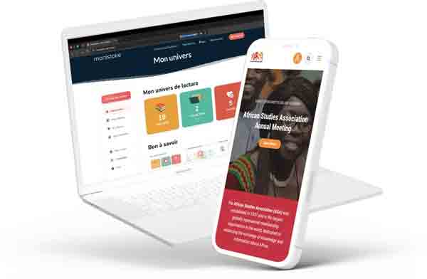 Interface de la plateforme Monistoire sur ordinateur et site de l'African Studies Association sur mobile.