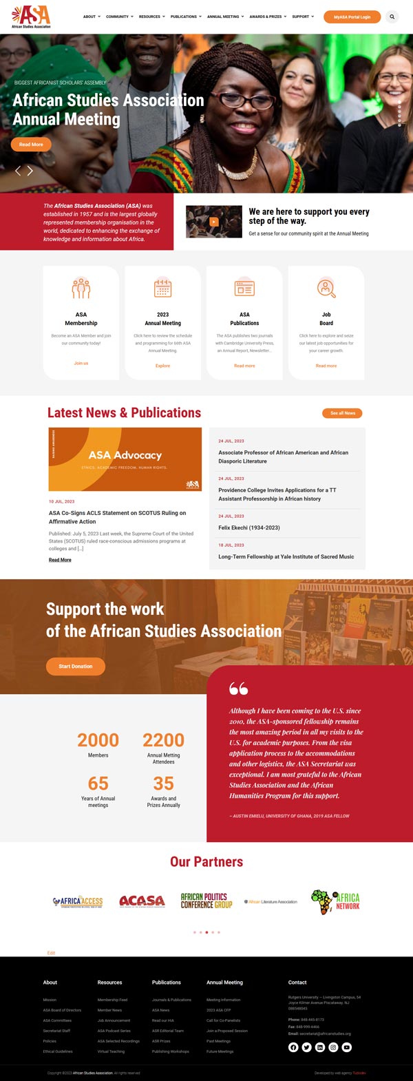 Page d’accueil du site Web de l’African Studies Association développé par Tudio