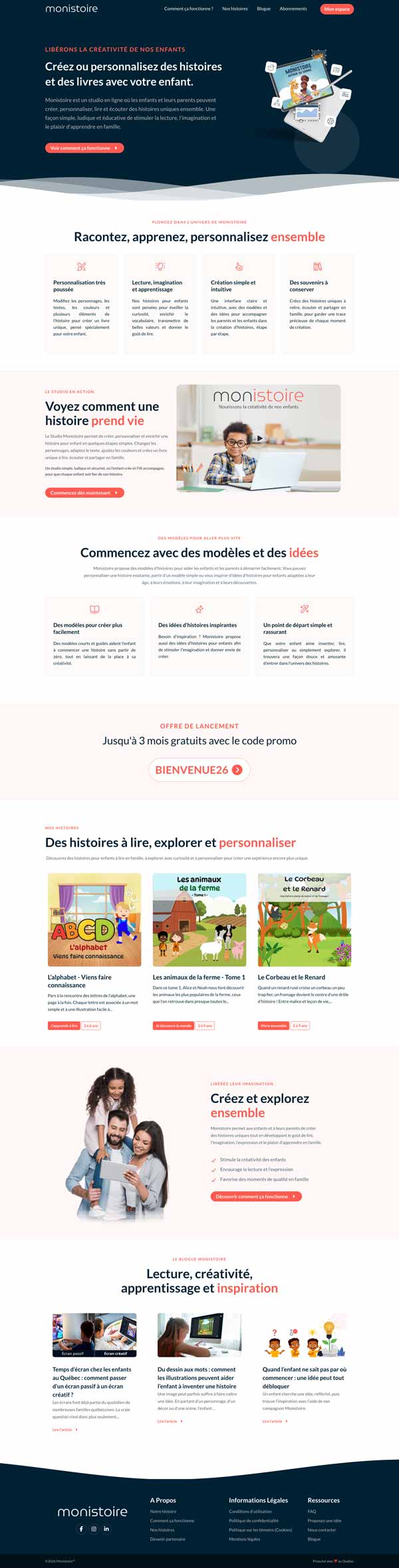 Page d’accueil de Monistoire, plateforme québécoise de création d’histoires personnalisées pour enfants