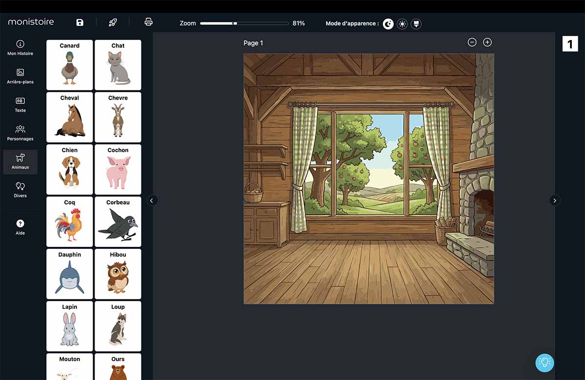 Studio de création Monistoire permettant de composer une histoire page par page