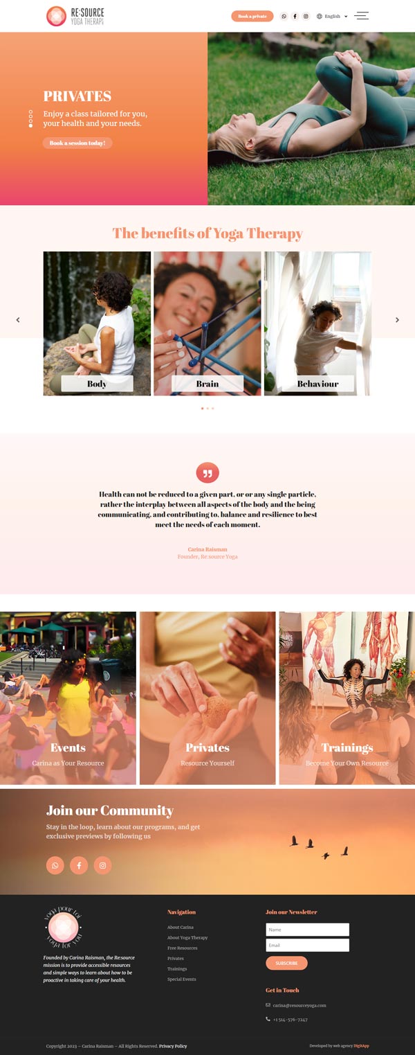 Page d’accueil du site Web de Re:source Yoga Therapy